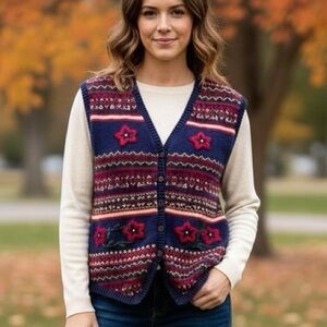 Jennifer Moore Vintage Floral Fair Isle Sweater Vest Navy Ramie Cotton Size L